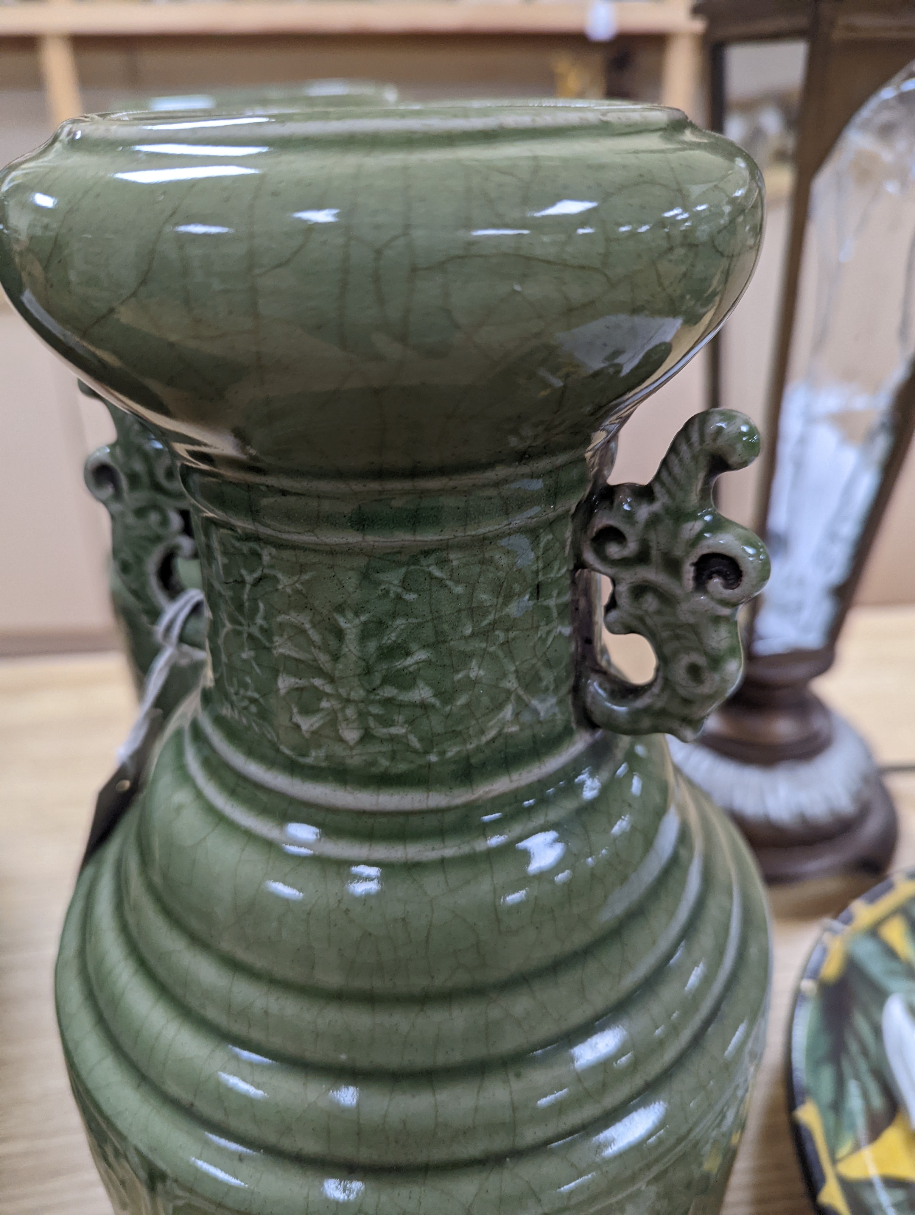 A pair of Chinese celadon glazed vases 35cm